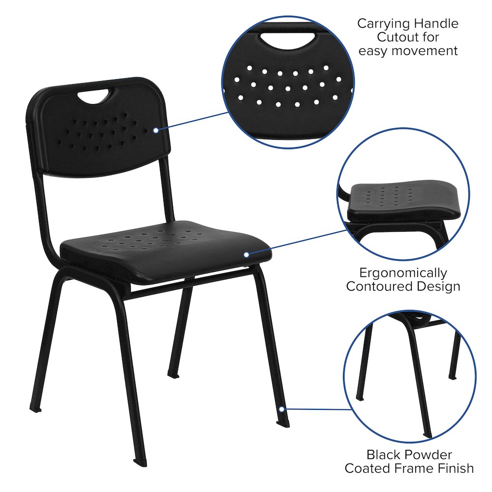 880 lb. Capacity Black Plastic Stack Chair with Open Back and Black Frame. Picture 5