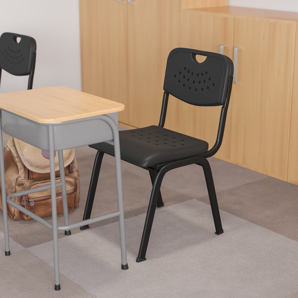 880 lb. Capacity Black Plastic Stack Chair with Open Back and Black Frame. Picture 2