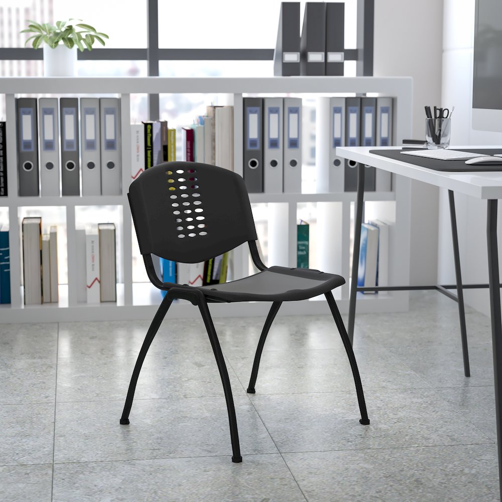 880 lb. Capacity Black Plastic Stack Chair with Oval Cutout Back and Black Frame. Picture 2