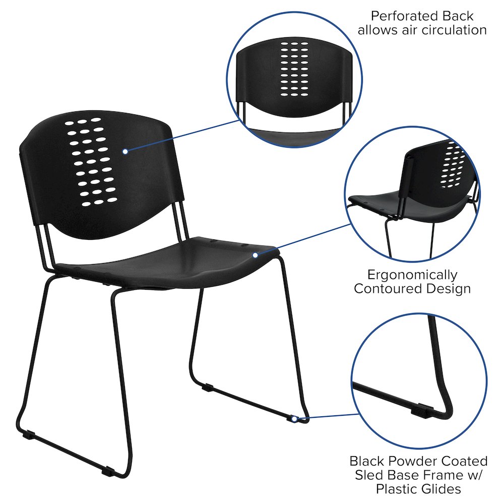 400 lb. Capacity Black Plastic Stack Chair with Black Frame. Picture 5