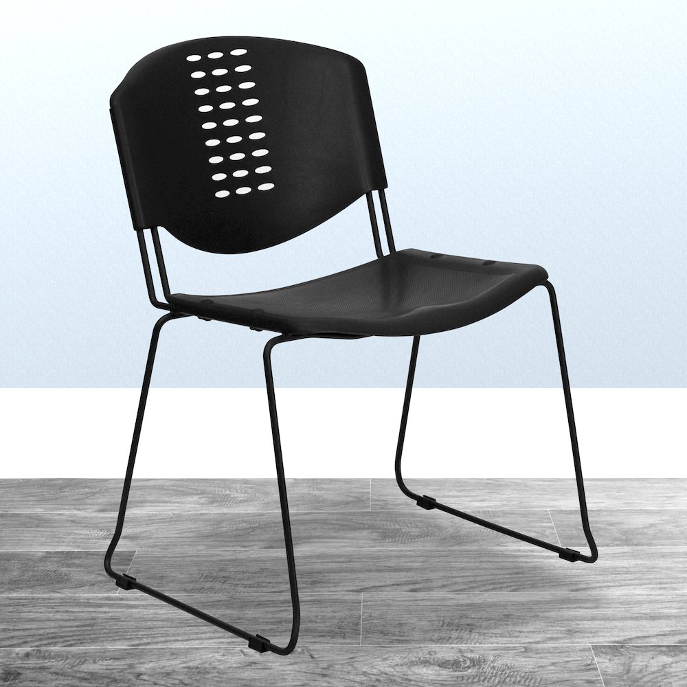 400 lb. Capacity Black Plastic Stack Chair with Black Frame. Picture 2