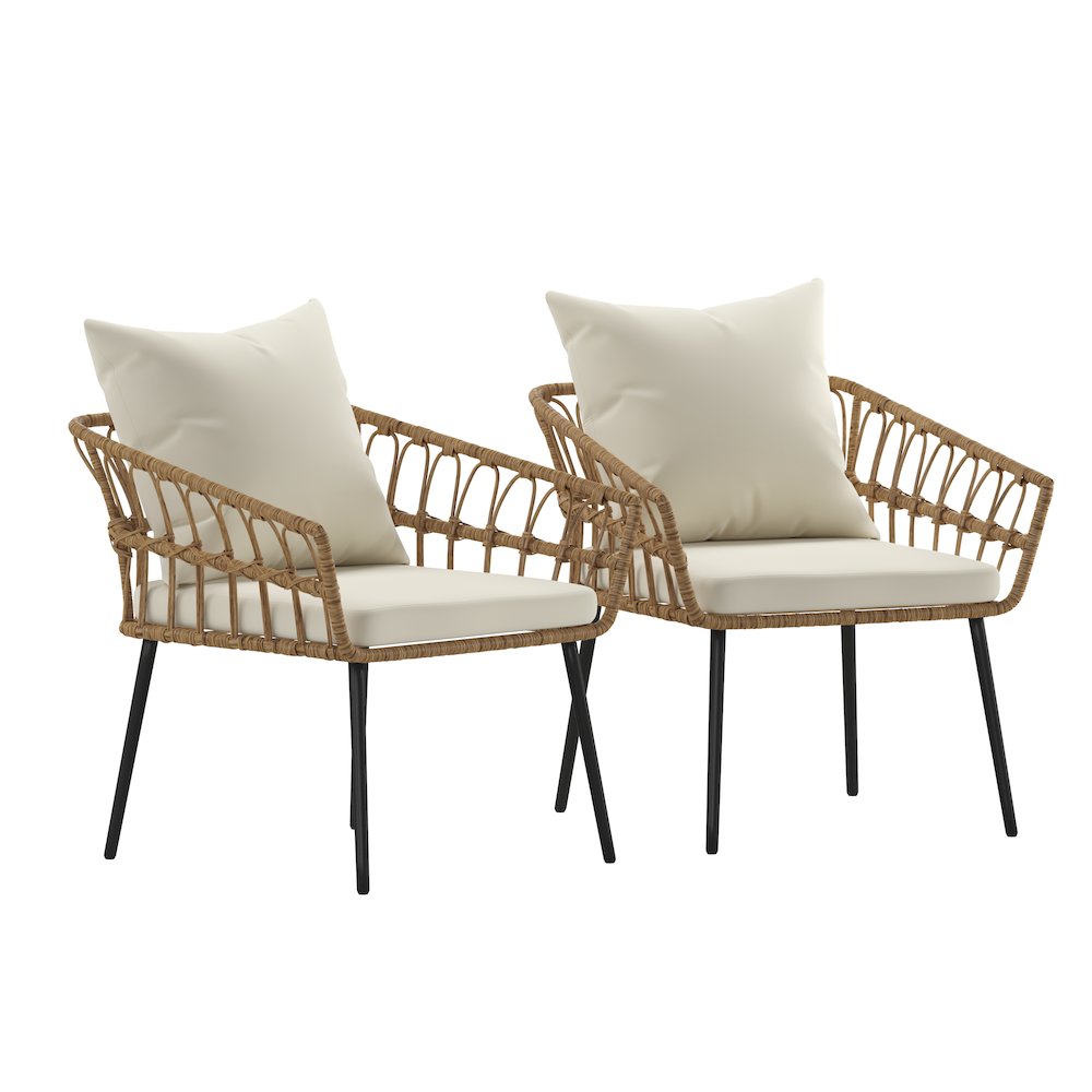 Set of 2 Boho Rope Rattan Wicker Patio Chairs with Cream Cushions, Natural. Picture 3
