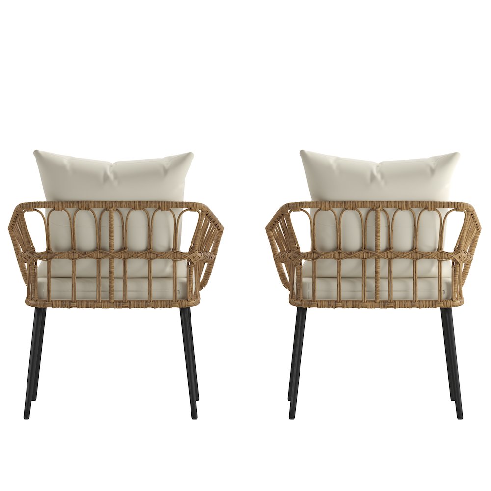 Set of 2 Boho Rope Rattan Wicker Patio Chairs with Cream Cushions, Natural. Picture 9