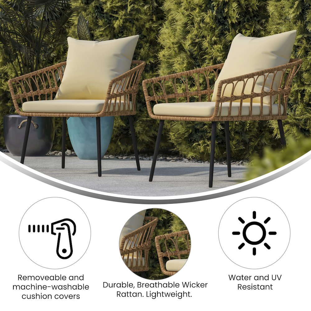 Set of 2 Boho Rope Rattan Wicker Patio Chairs with Cream Cushions, Natural. Picture 5