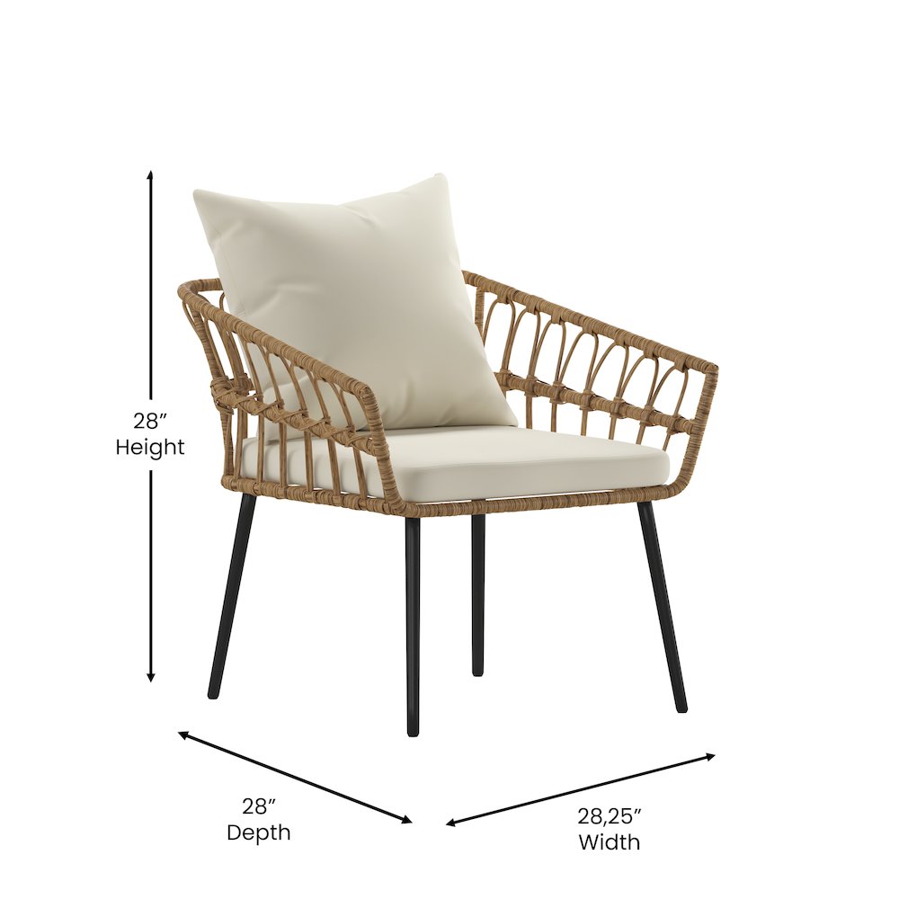 Set of 2 Boho Rope Rattan Wicker Patio Chairs with Cream Cushions, Natural. Picture 6