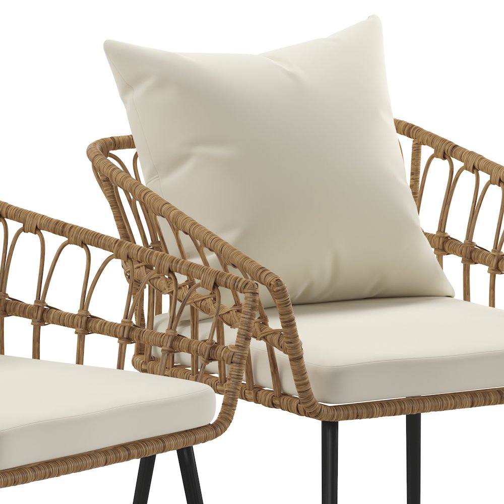Set of 2 Boho Rope Rattan Wicker Patio Chairs with Cream Cushions, Natural. Picture 10