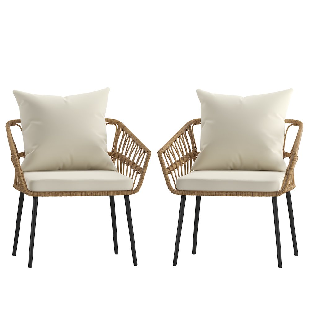 Set of 2 Boho Rope Rattan Wicker Patio Chairs with Cream Cushions, Natural. Picture 12