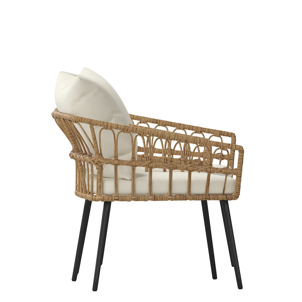 Set of 2 Boho Rope Rattan Wicker Patio Chairs with Cream Cushions, Natural. Picture 11