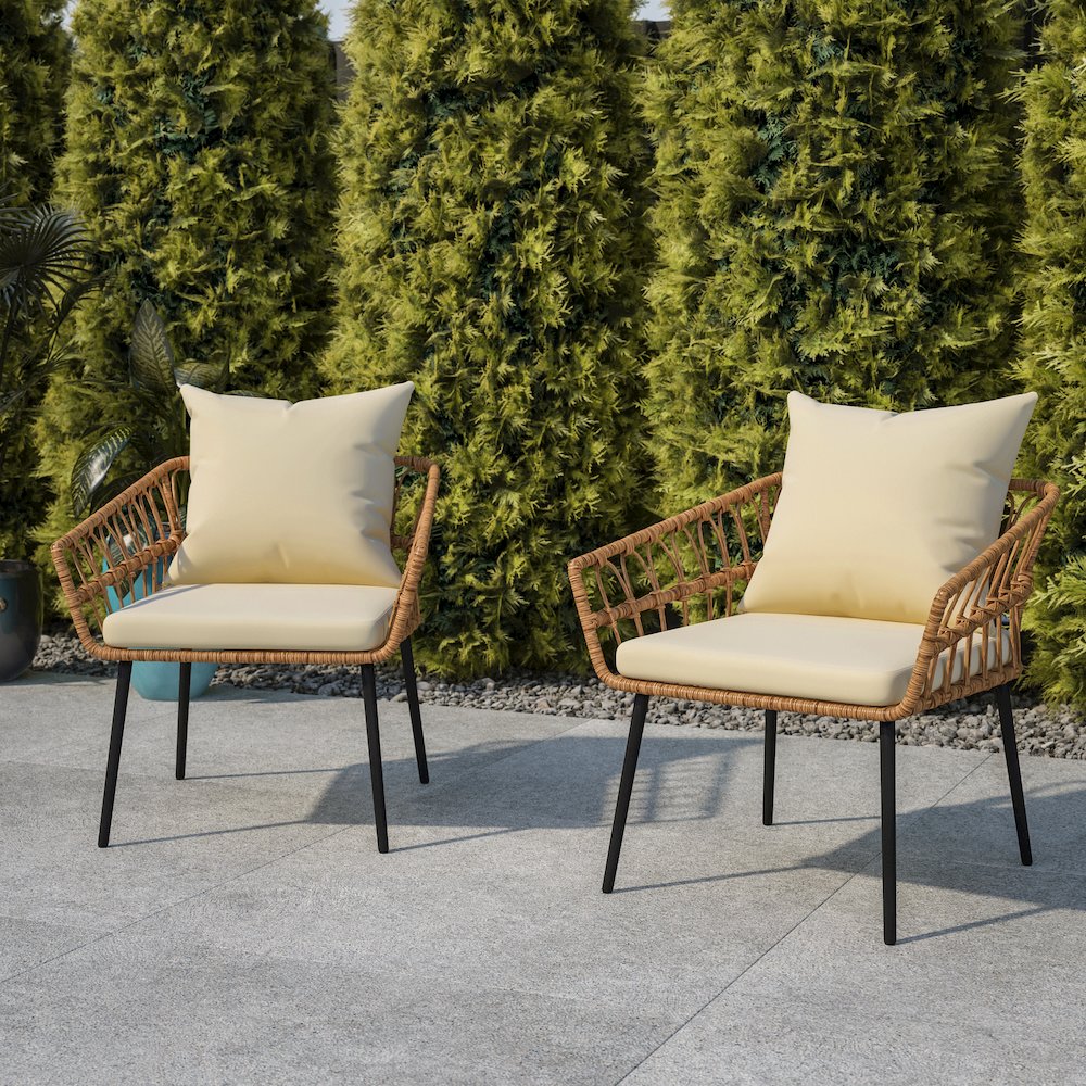 Set of 2 Boho Rope Rattan Wicker Patio Chairs with Cream Cushions, Natural. Picture 2