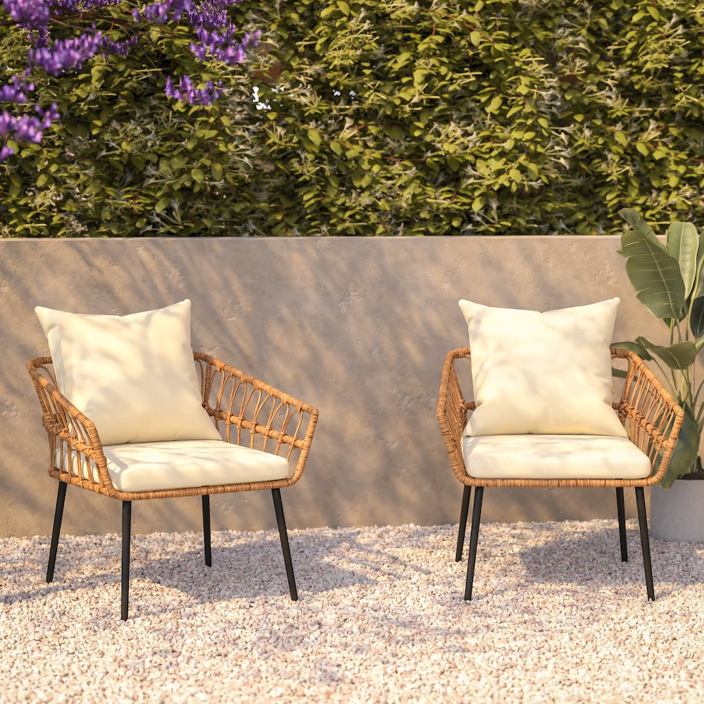 Set of 2 Boho Rope Rattan Wicker Patio Chairs with Cream Cushions, Natural. Picture 7