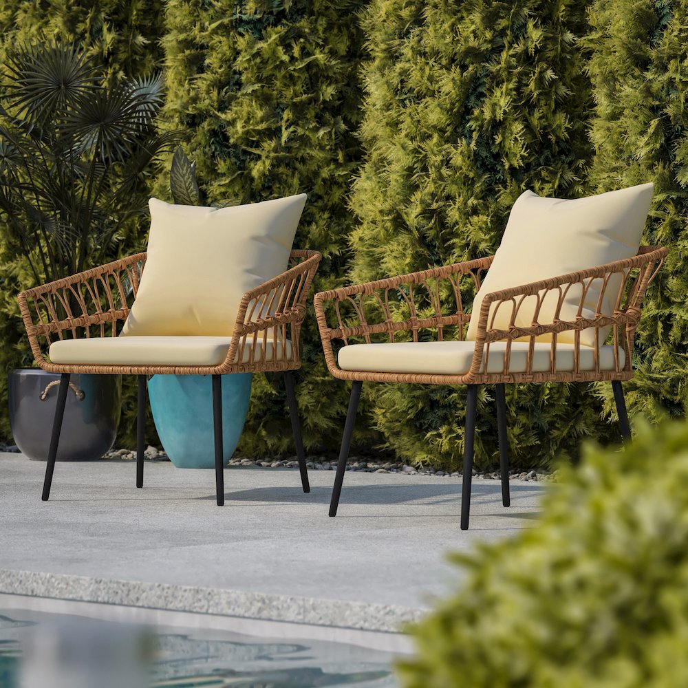 Set of 2 Boho Rope Rattan Wicker Patio Chairs with Cream Cushions, Natural. Picture 8