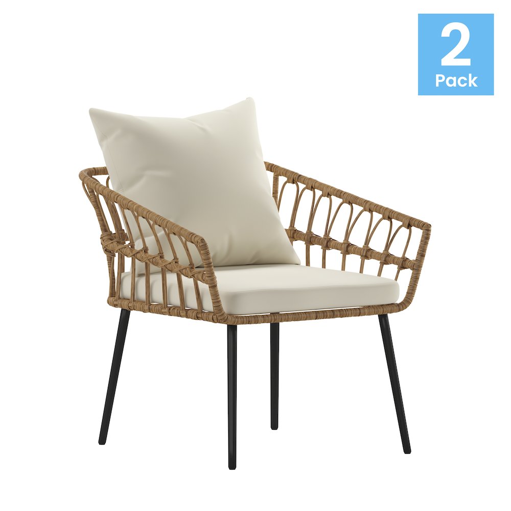 Set of 2 Boho Rope Rattan Wicker Patio Chairs with Cream Cushions, Natural. Picture 1