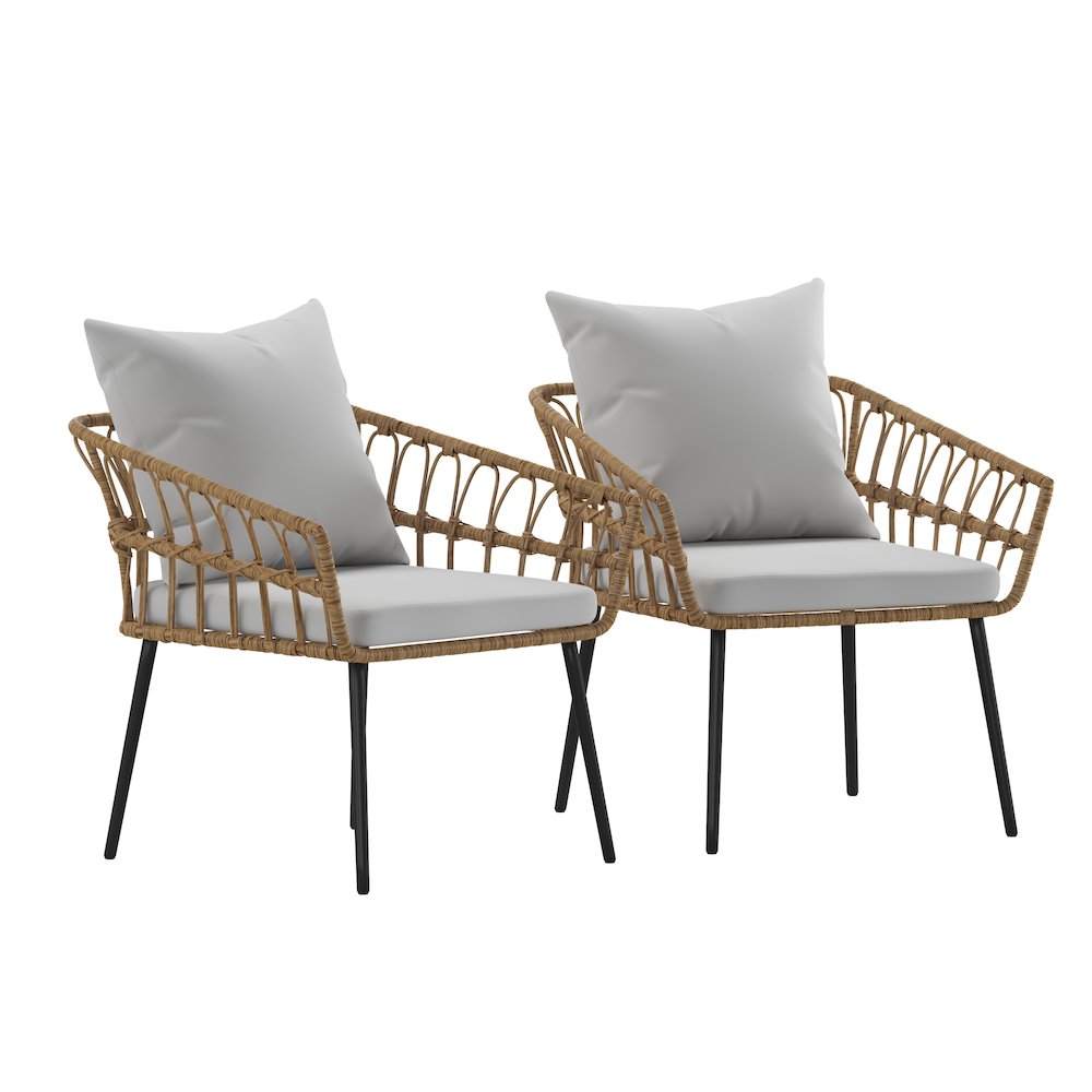 Set of 2 Boho Rope Rattan Wicker Patio Chairs with Gray Cushions, Natural. Picture 3