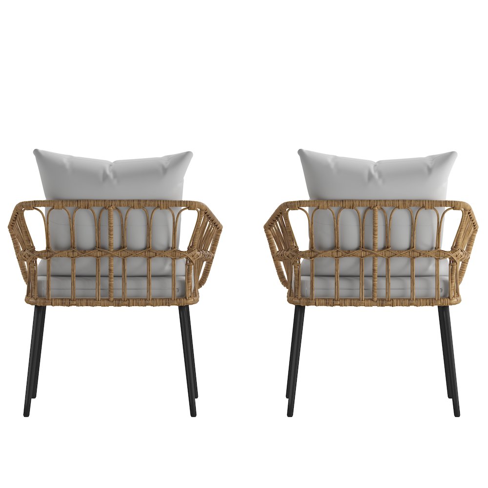 Set of 2 Boho Rope Rattan Wicker Patio Chairs with Gray Cushions, Natural. Picture 9