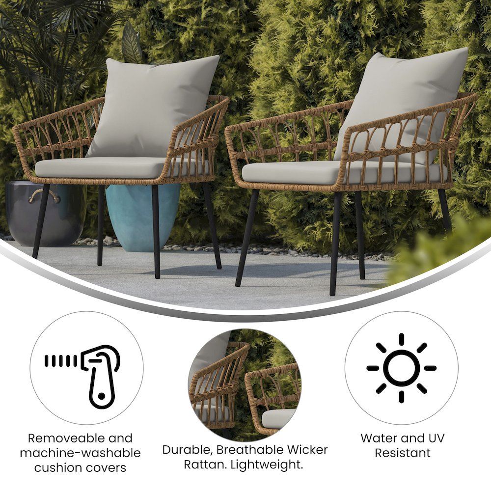 Set of 2 Boho Rope Rattan Wicker Patio Chairs with Gray Cushions, Natural. Picture 5