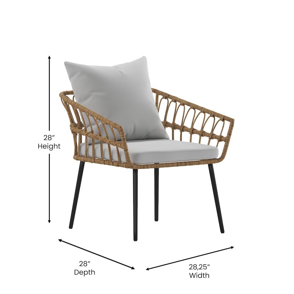 Set of 2 Boho Rope Rattan Wicker Patio Chairs with Gray Cushions, Natural. Picture 6