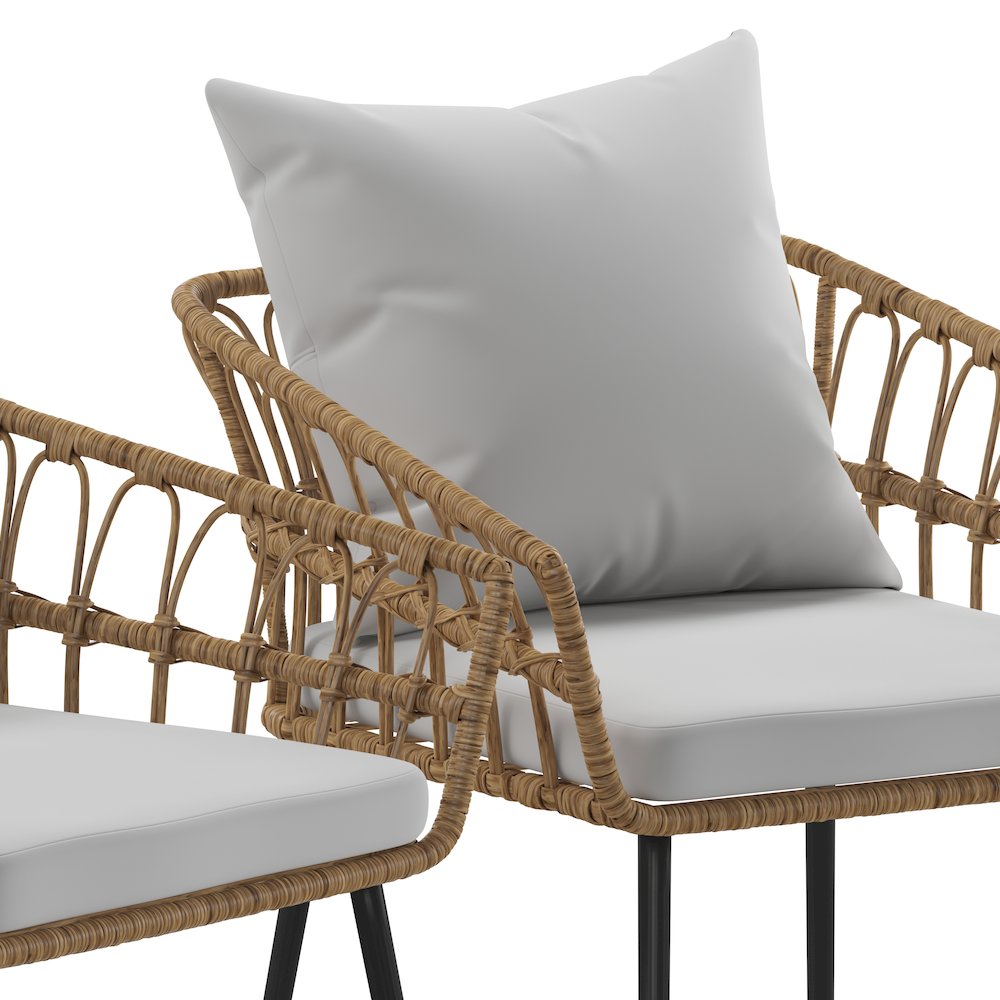 Set of 2 Boho Rope Rattan Wicker Patio Chairs with Gray Cushions, Natural. Picture 10
