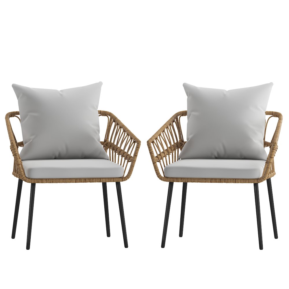 Set of 2 Boho Rope Rattan Wicker Patio Chairs with Gray Cushions, Natural. Picture 12