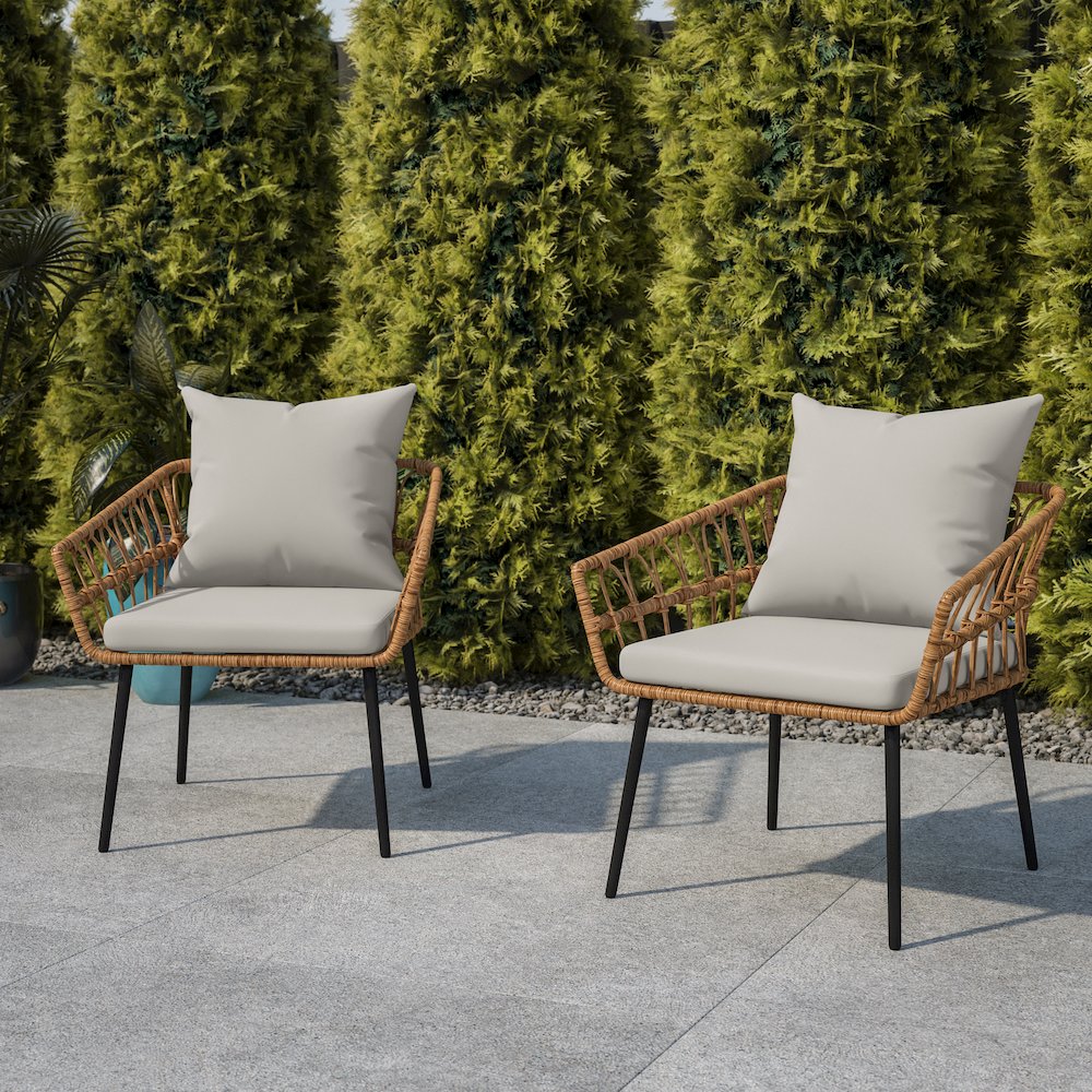 Set of 2 Boho Rope Rattan Wicker Patio Chairs with Gray Cushions, Natural. Picture 2
