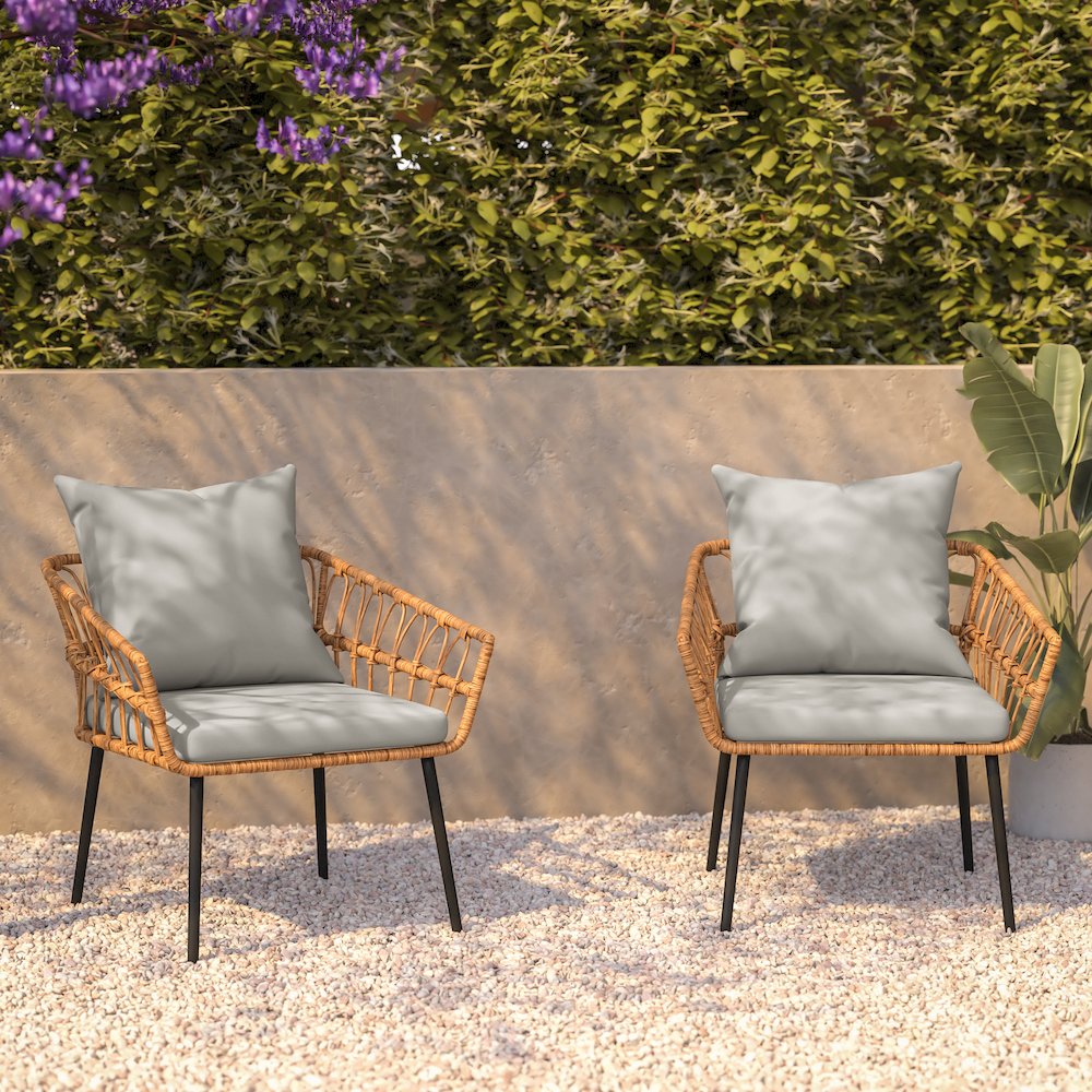 Set of 2 Boho Rope Rattan Wicker Patio Chairs with Gray Cushions, Natural. Picture 7