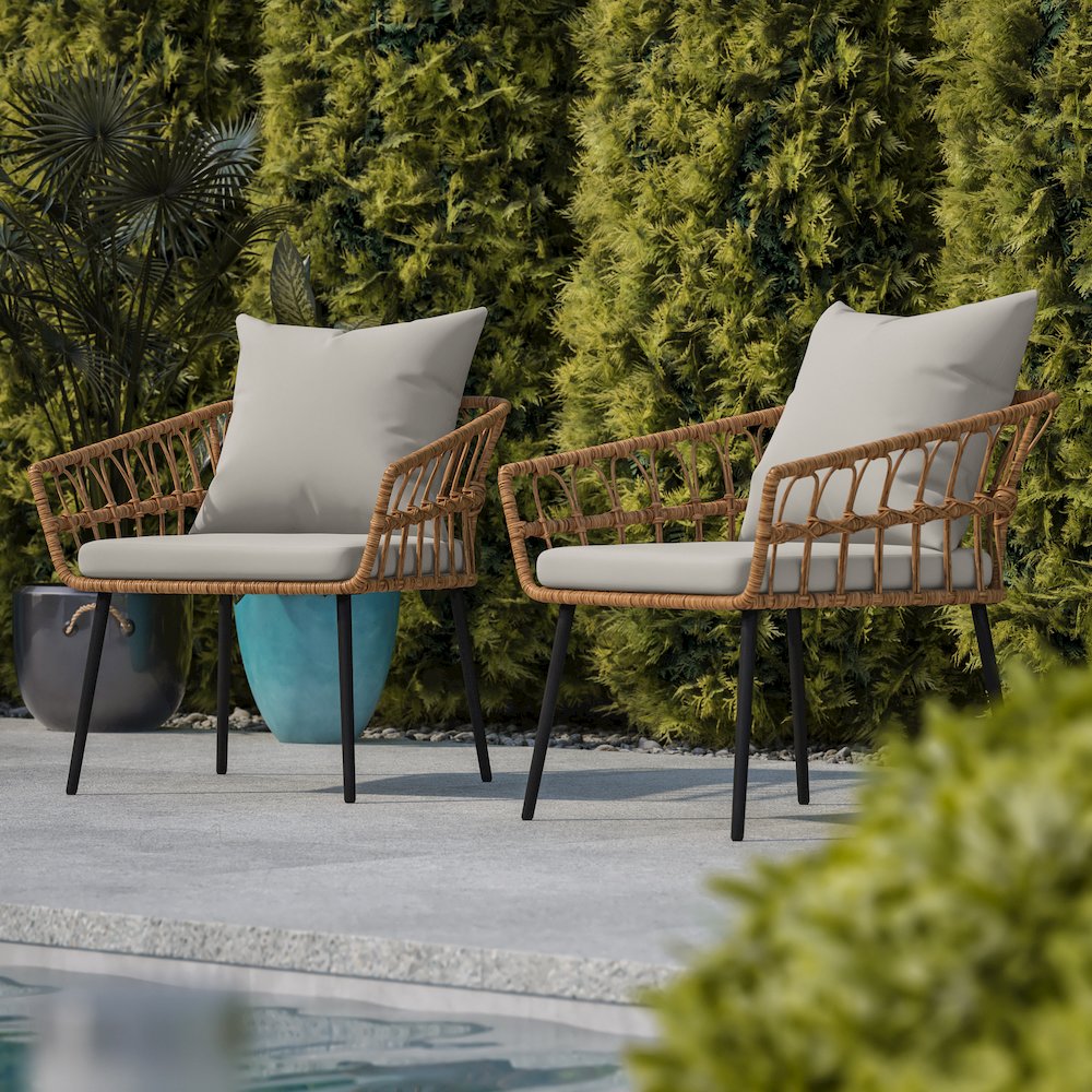 Set of 2 Boho Rope Rattan Wicker Patio Chairs with Gray Cushions, Natural. Picture 8