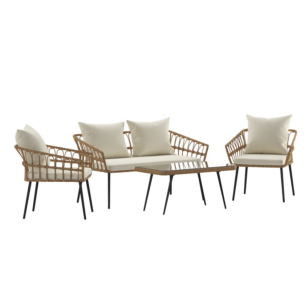 4 Piece Rope Patio Conversation Set with Coffee Table and Cushions, Natural. Picture 1