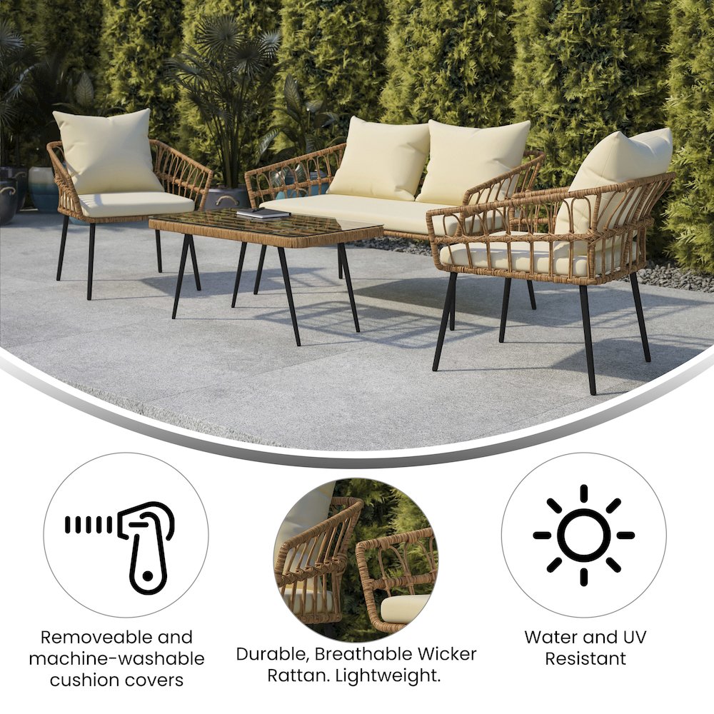 4 Piece Rope Patio Conversation Set with Coffee Table and Cushions, Natural. Picture 4