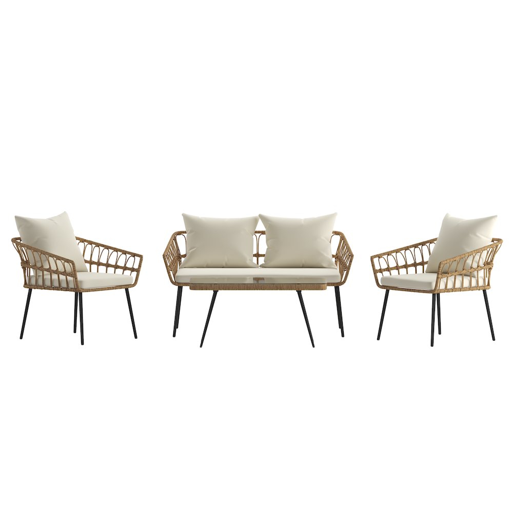 4 Piece Rope Patio Conversation Set with Coffee Table and Cushions, Natural. Picture 13
