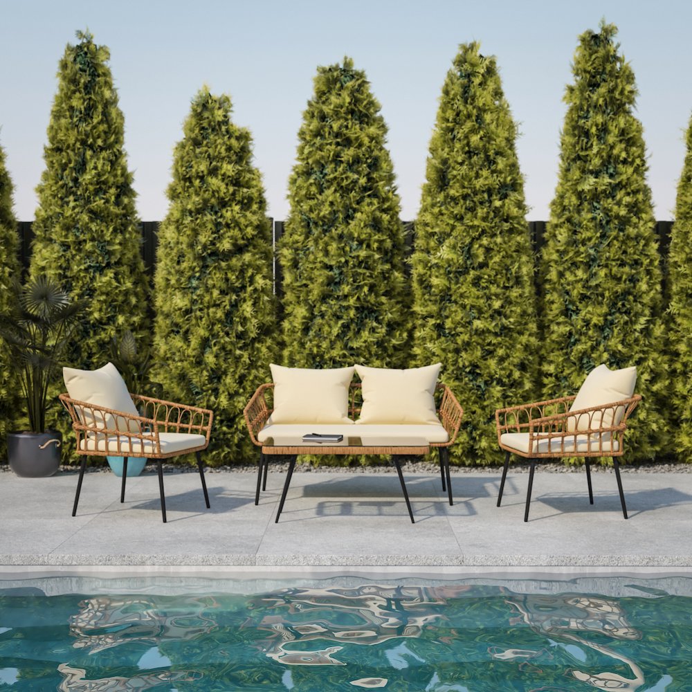 4 Piece Rope Patio Conversation Set with Coffee Table and Cushions, Natural. Picture 2