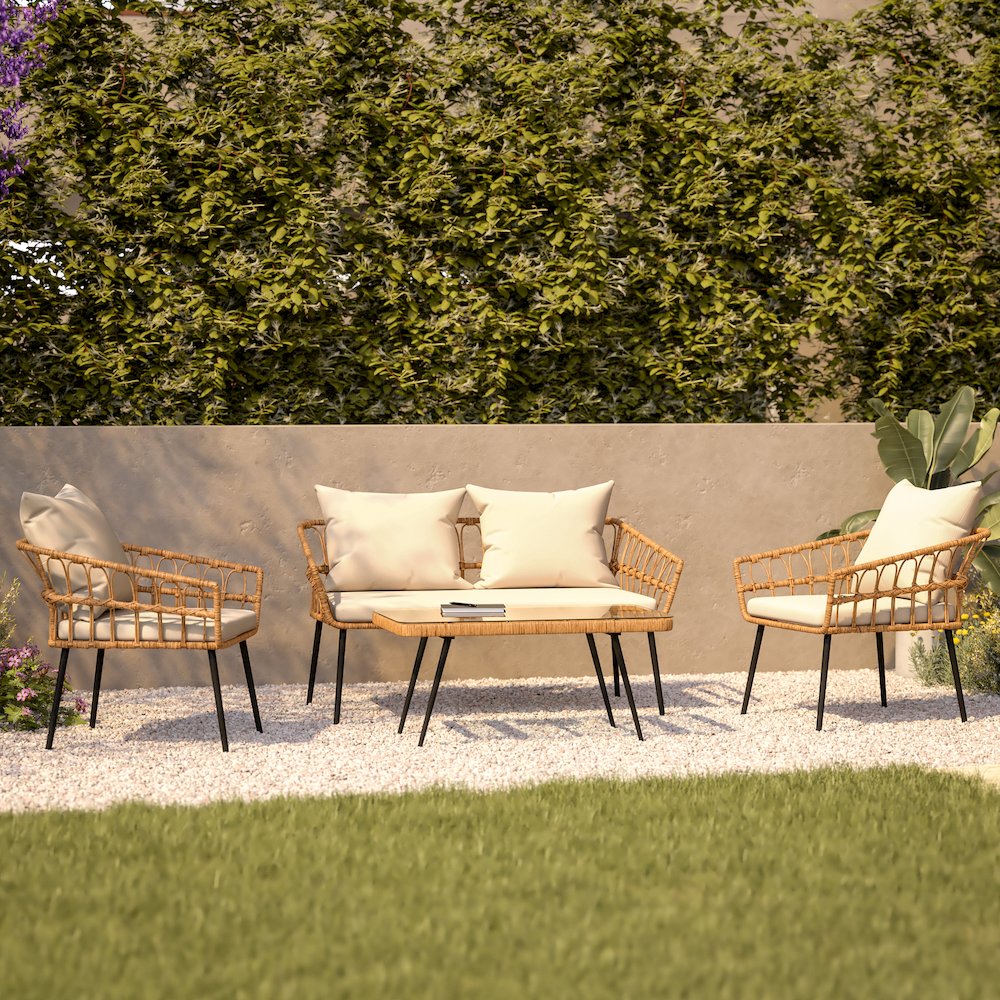 4 Piece Rope Patio Conversation Set with Coffee Table and Cushions, Natural. Picture 8