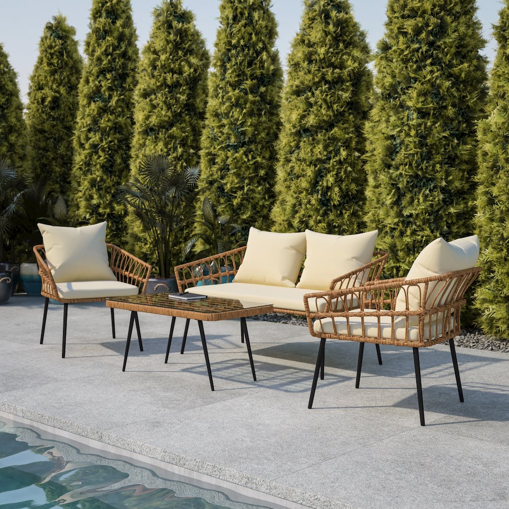 4 Piece Rope Patio Conversation Set with Coffee Table and Cushions, Natural. Picture 9