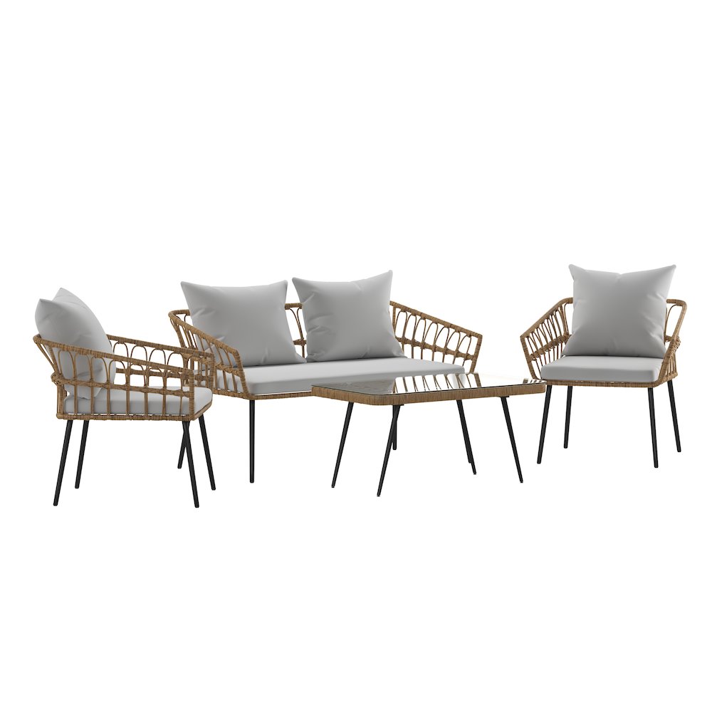 4 Piece Rope Patio Conversation Set with Coffee Table and Gray Cushions, Natural. Picture 1