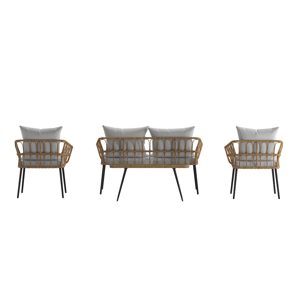 4 Piece Rope Patio Conversation Set with Coffee Table and Gray Cushions, Natural. Picture 10