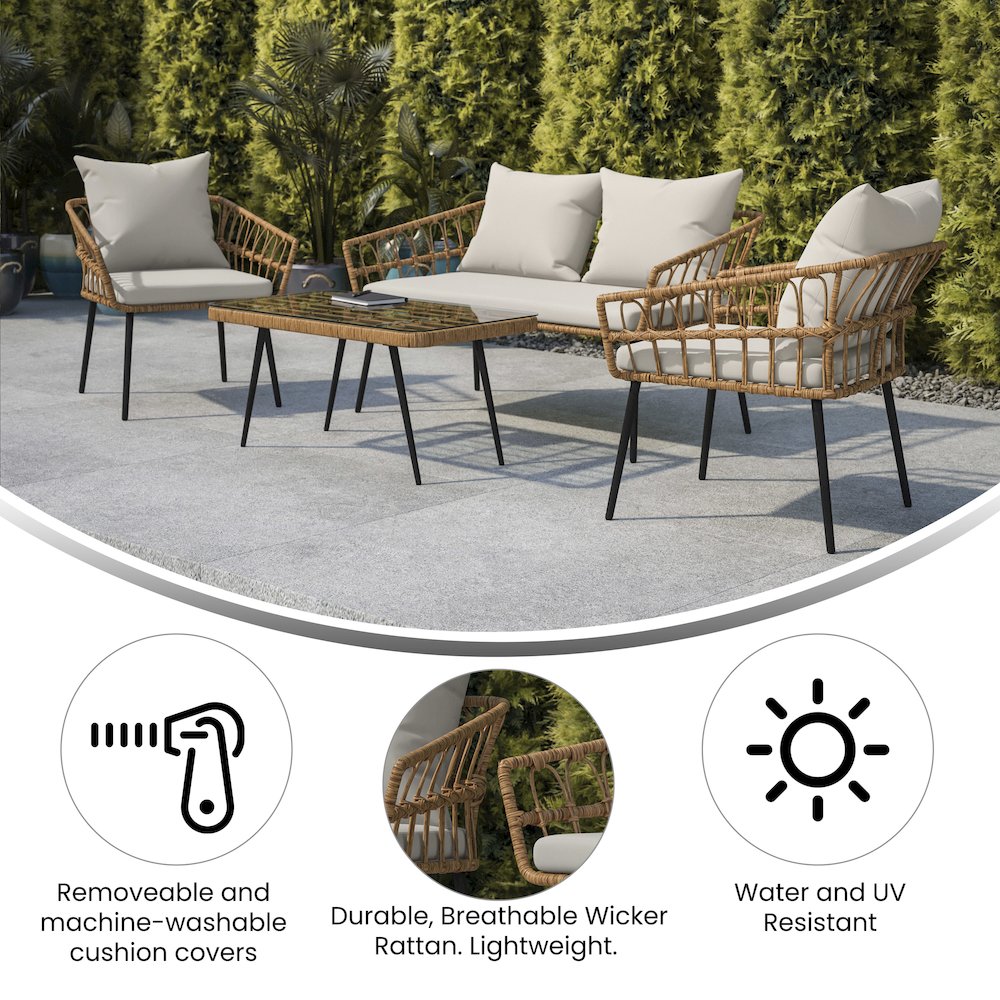 4 Piece Rope Patio Conversation Set with Coffee Table and Gray Cushions, Natural. Picture 4