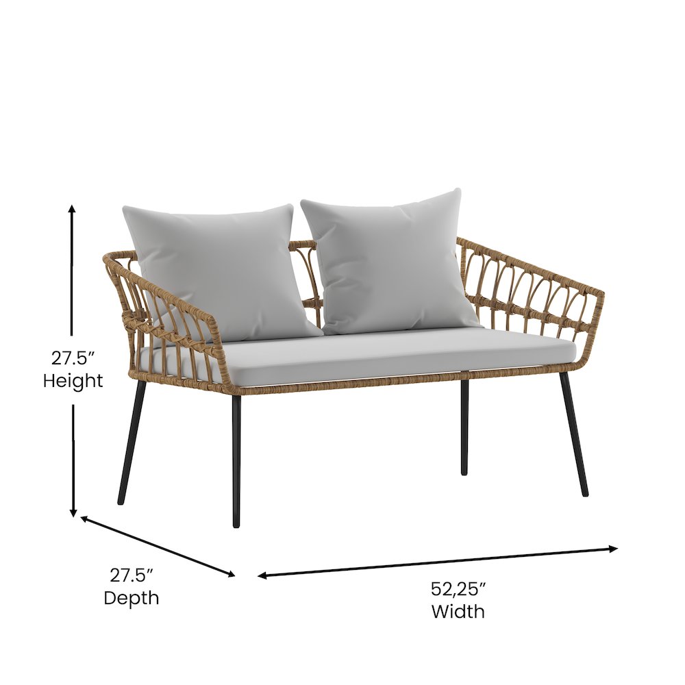 4 Piece Rope Patio Conversation Set with Coffee Table and Gray Cushions, Natural. Picture 5