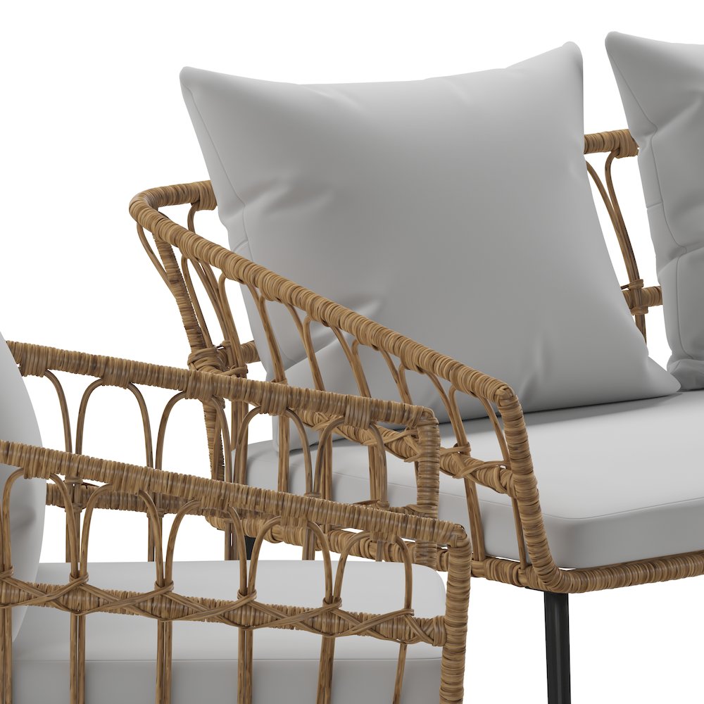 4 Piece Rope Patio Conversation Set with Coffee Table and Gray Cushions, Natural. Picture 11