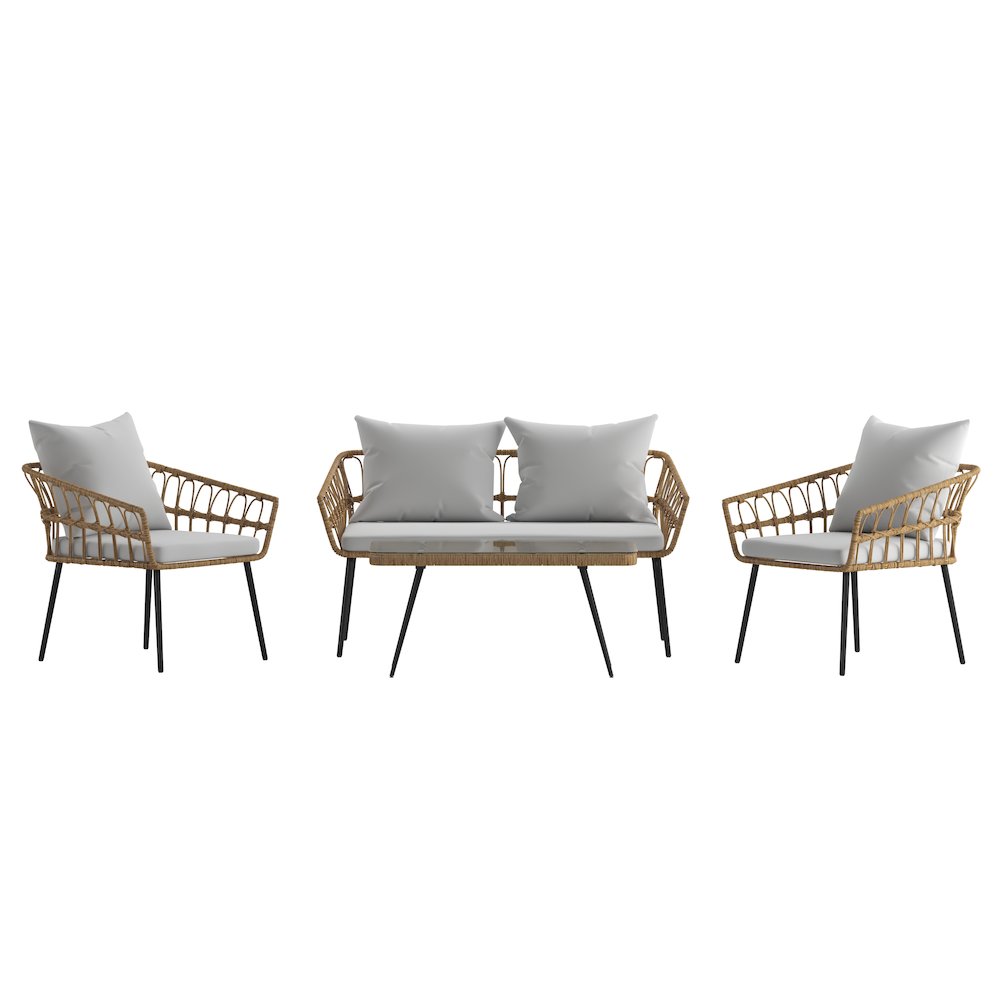 4 Piece Rope Patio Conversation Set with Coffee Table and Gray Cushions, Natural. Picture 13
