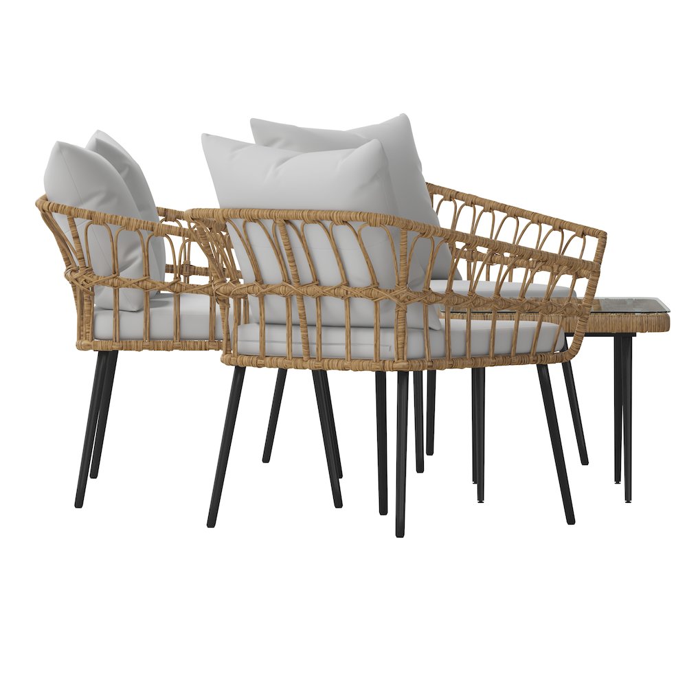 4 Piece Rope Patio Conversation Set with Coffee Table and Gray Cushions, Natural. Picture 12