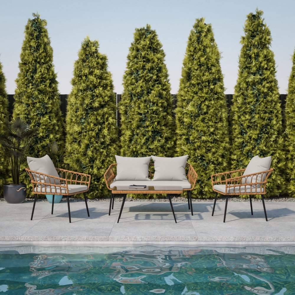4 Piece Rope Patio Conversation Set with Coffee Table and Gray Cushions, Natural. Picture 2