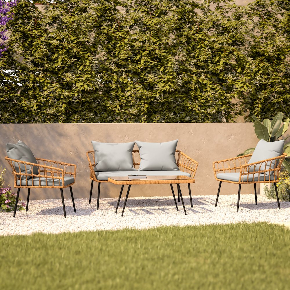 4 Piece Rope Patio Conversation Set with Coffee Table and Gray Cushions, Natural. Picture 8