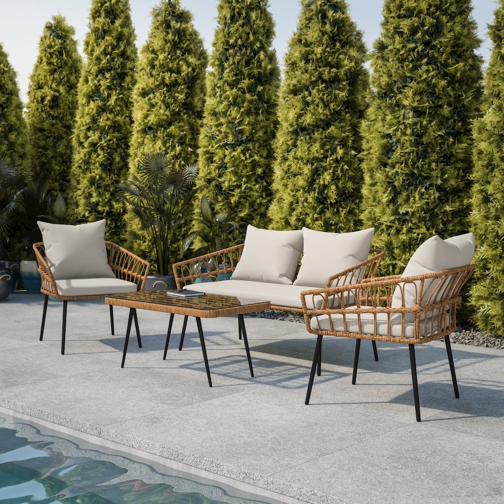 4 Piece Rope Patio Conversation Set with Coffee Table and Gray Cushions, Natural. Picture 9