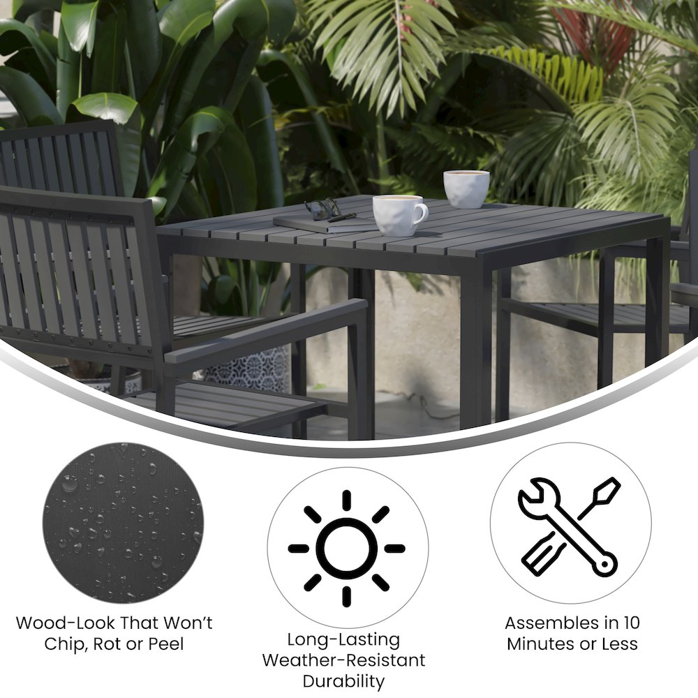 5 Piece Table and Chairs with Black Poly Resin Slatted Backs and Seats. Picture 4