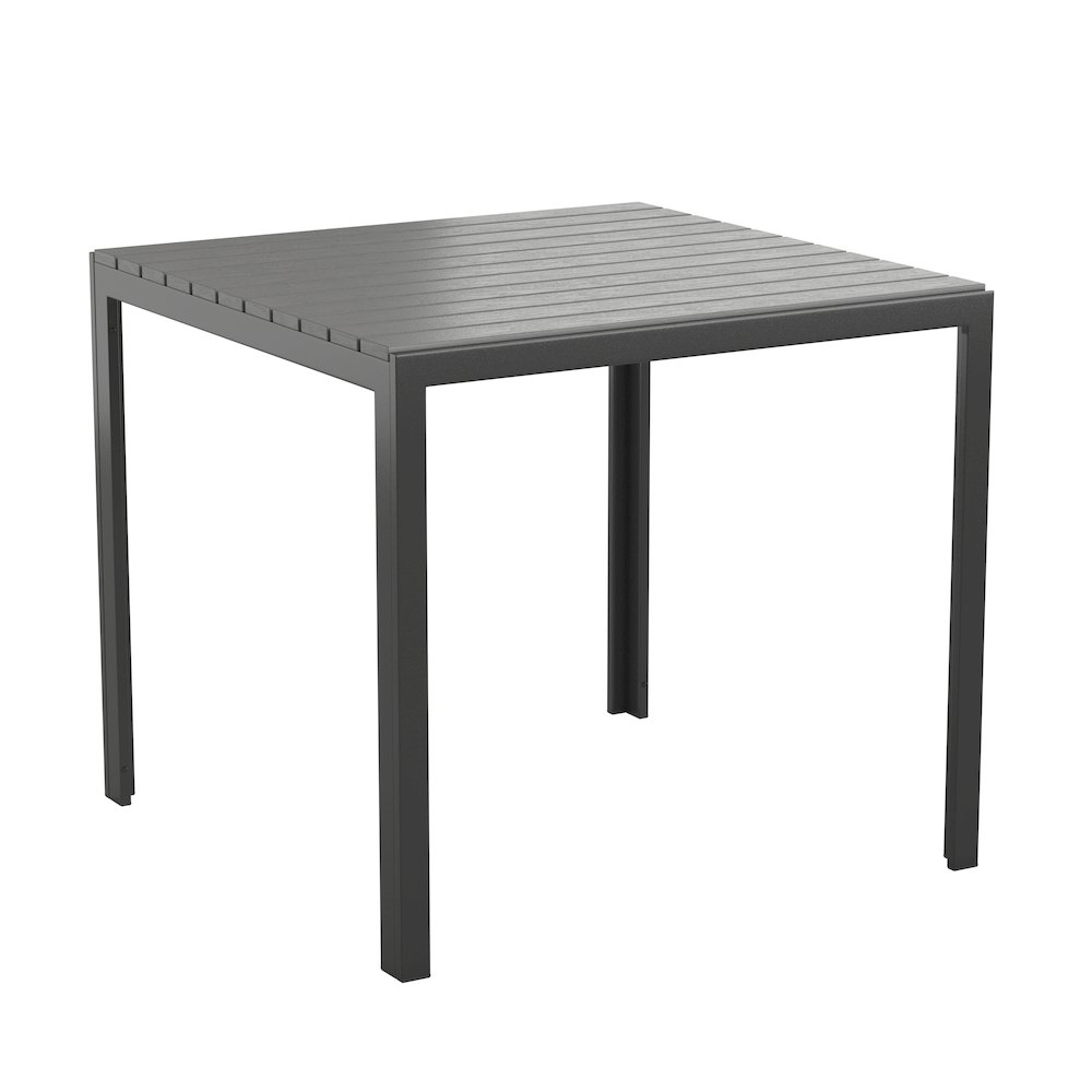 Black Steel Patio Dining Table for 4 with Black Poly Resin Slatted Top. Picture 1