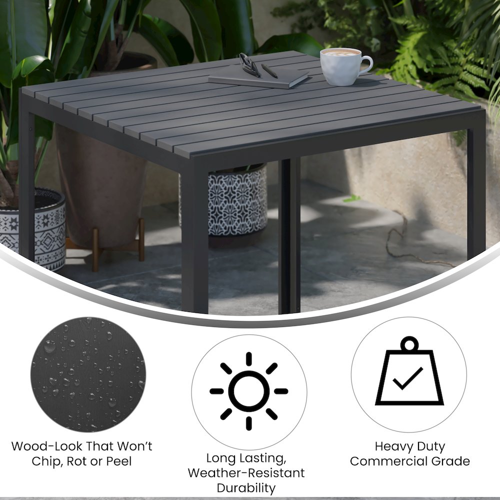 Black Steel Patio Dining Table for 4 with Black Poly Resin Slatted Top. Picture 4