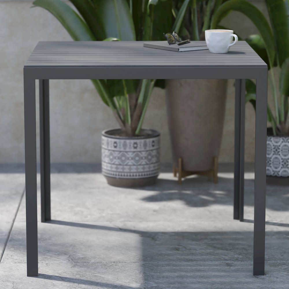 Black Steel Patio Dining Table for 4 with Black Poly Resin Slatted Top. Picture 2