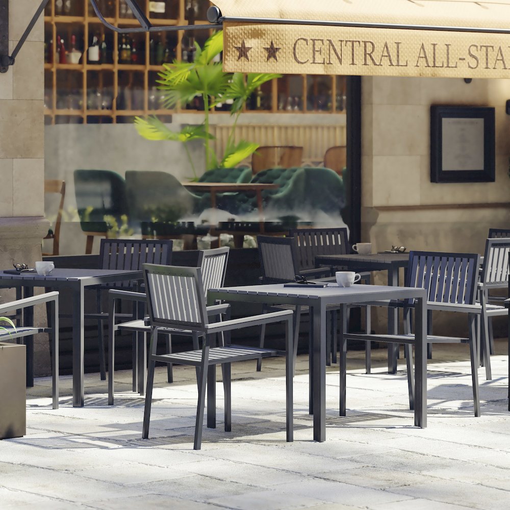Black Steel Patio Dining Table for 4 with Black Poly Resin Slatted Top. Picture 7