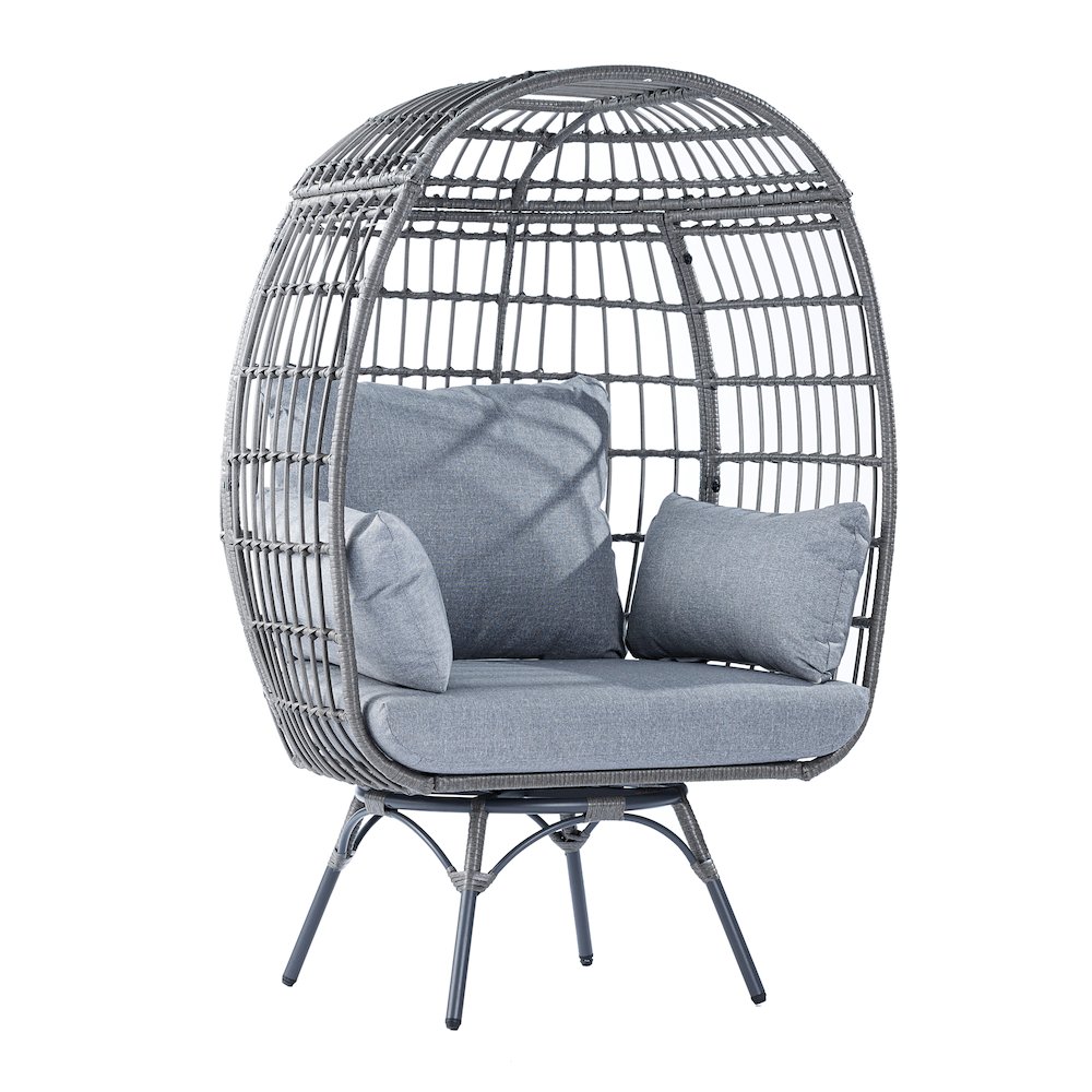 Oversized Wicker Egg Swivel Lounge Chair, Gray Cushions/Gray Frame. Picture 1