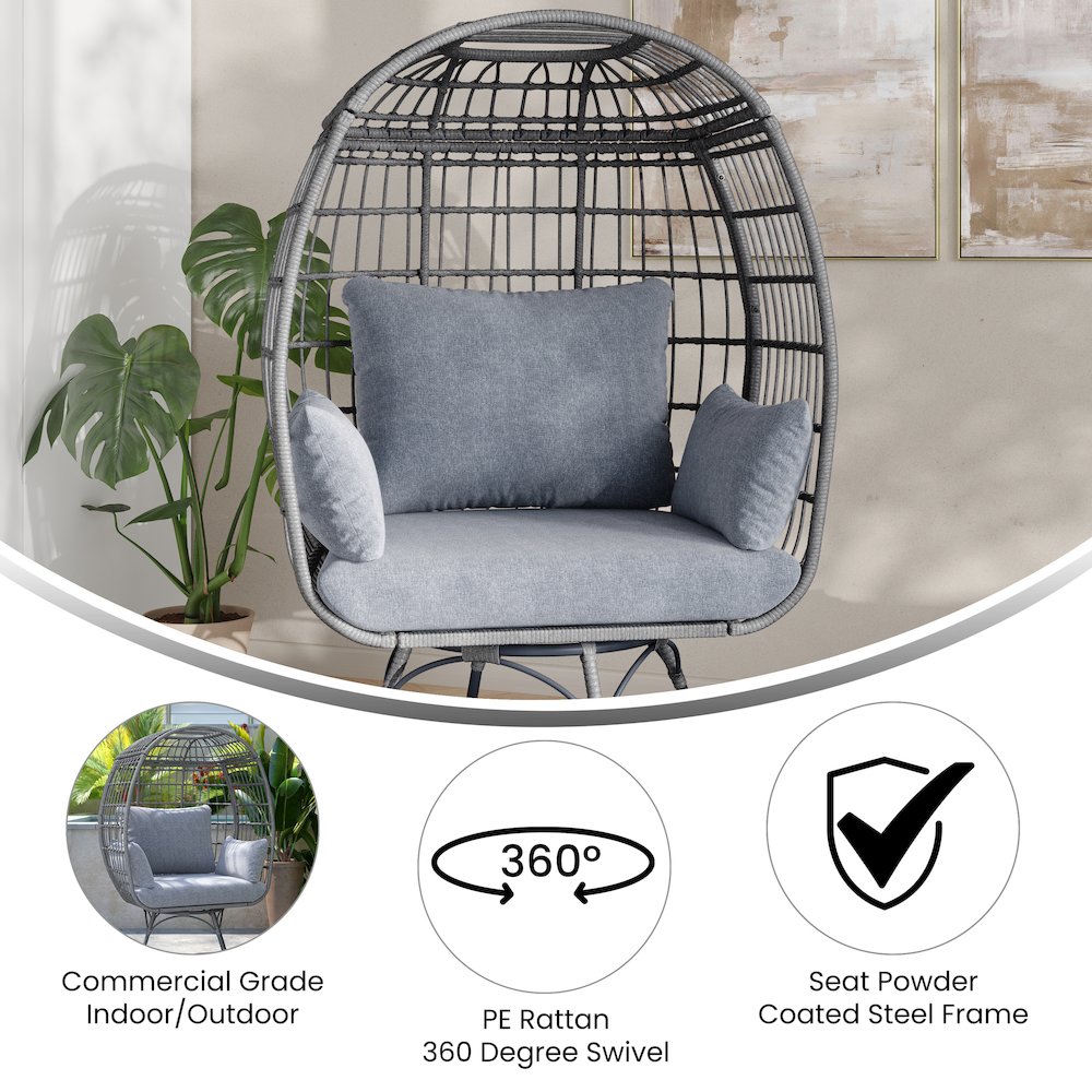 Oversized Wicker Egg Swivel Lounge Chair, Gray Cushions/Gray Frame. Picture 4