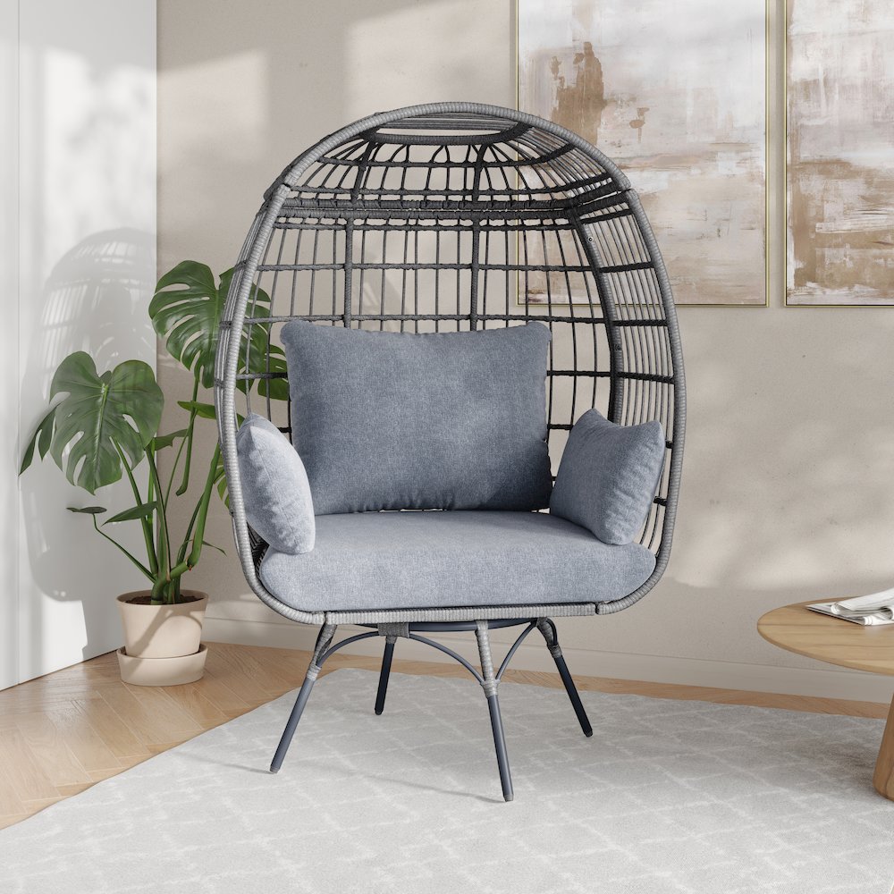 Oversized Wicker Egg Swivel Lounge Chair, Gray Cushions/Gray Frame. Picture 3