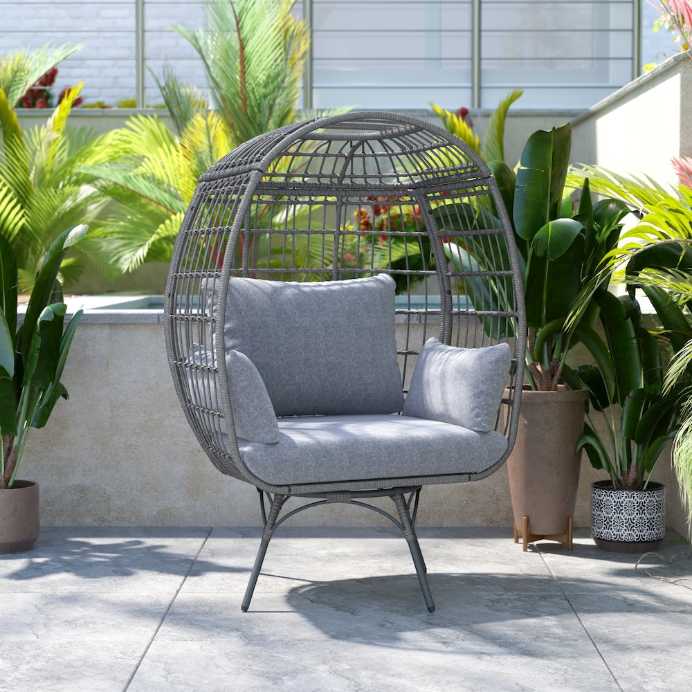 Oversized Wicker Egg Swivel Lounge Chair, Gray Cushions/Gray Frame. Picture 6